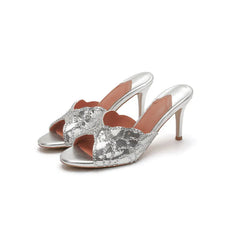 Sexy Beaded Open Toe Slippers with Sparkling Sequins and Slim Heel