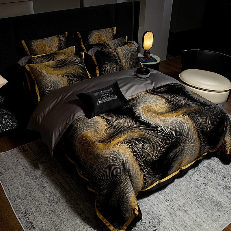 4Pcs Luxury Black Gold Brocade Jacquard Egyptian Cotton Patchwork Bedding Set