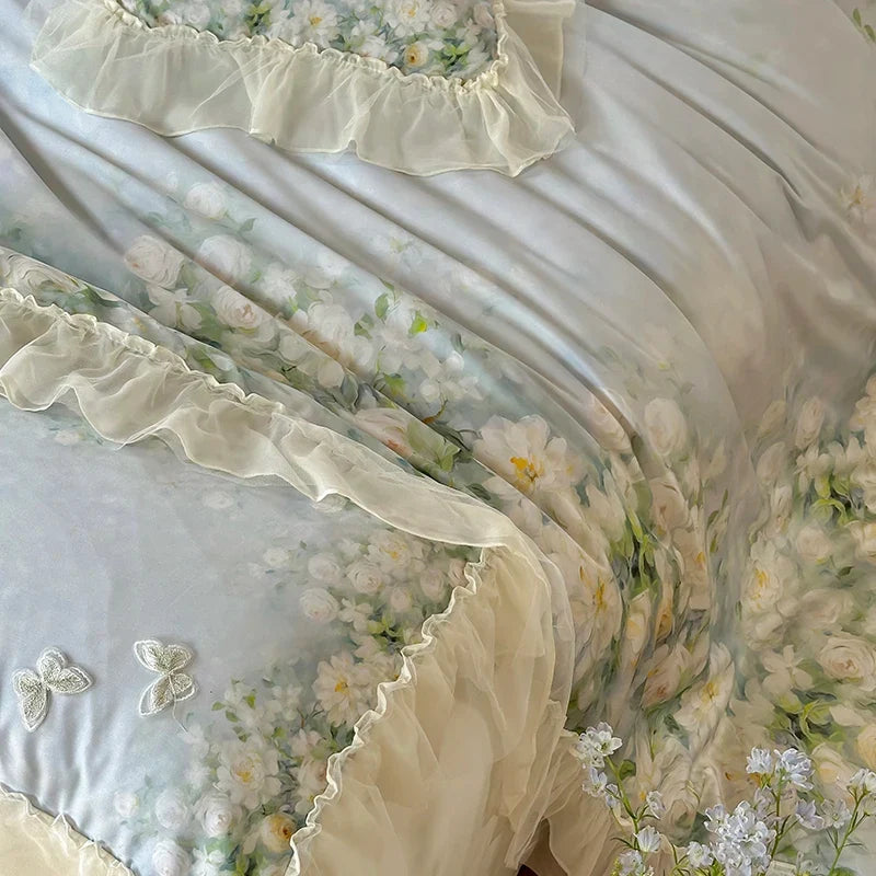 Flower Prints Ruffles Summer Cool Feeling Bedding Set