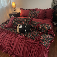Vintage Floral Pleated Ruffles Bow 1000TC Egyptian Cotton Bedding Set