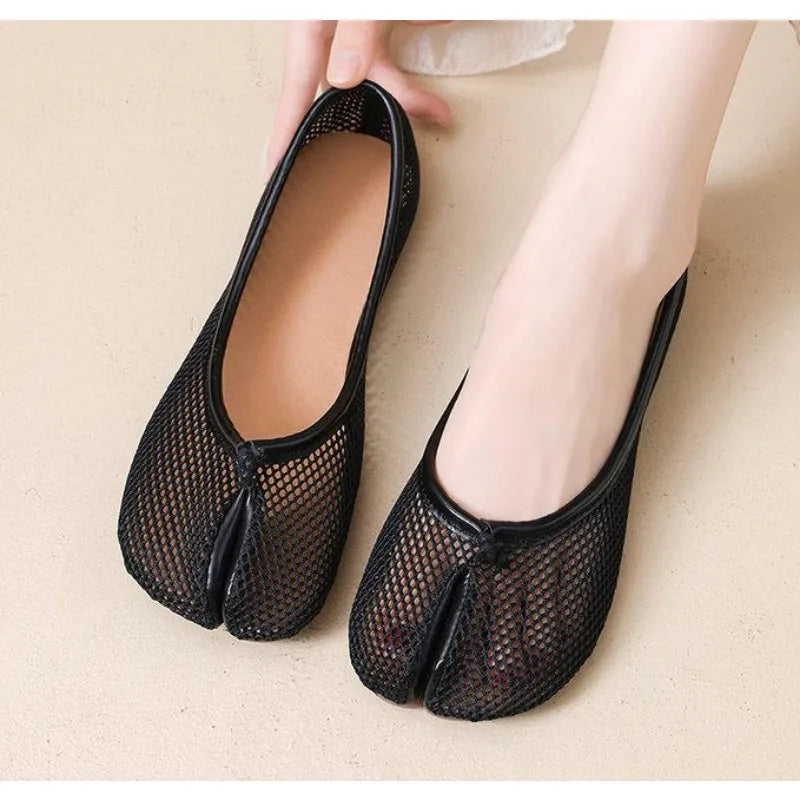 Hollow Out Mesh Split Toe Women Tabi Ballet Flats Comfortable Walking Loafers Casual Ladies Dance Shoe Zapatos De Mujer