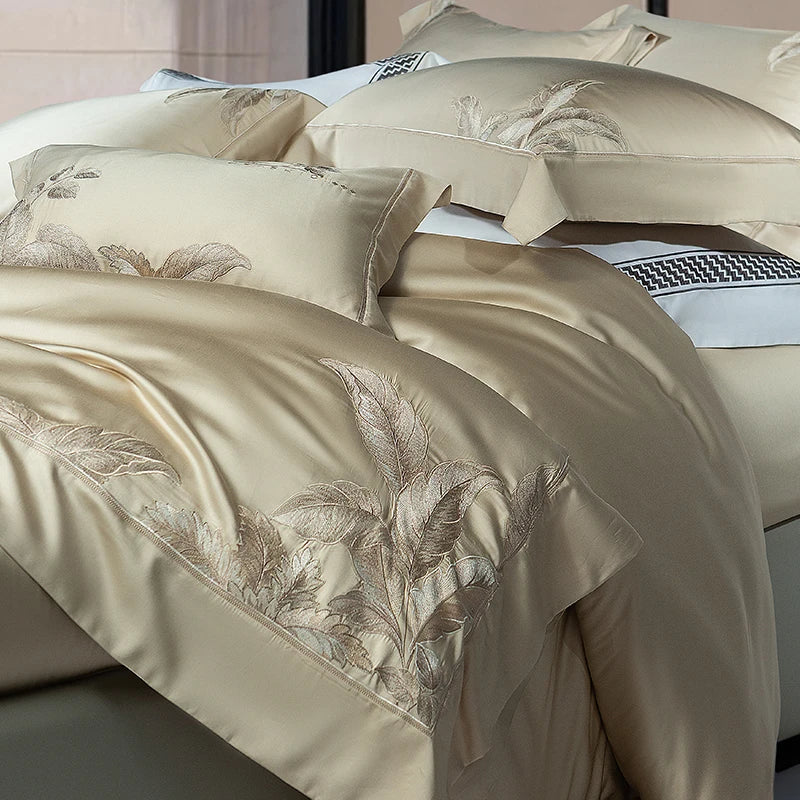 Champagne Luxury Leaf Embroidery Bedding Set