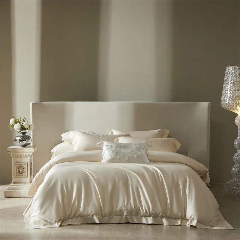 Luxury Lyocell Cotton Bedding Set, Champagne with Embroidery & Rhinestone Trim, Silky Soft Duvet Cover Bed Sheet Pillowcase 4Pcs