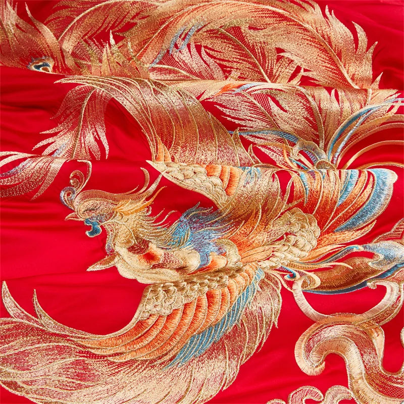 Luxury Chinese Style Wedding Dragon Phoenix Embroidery Red Bedding Set