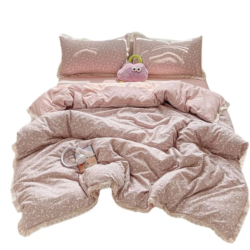 4pcs Floral Printed Duvet Cover Set Korean Lace Bedding Set