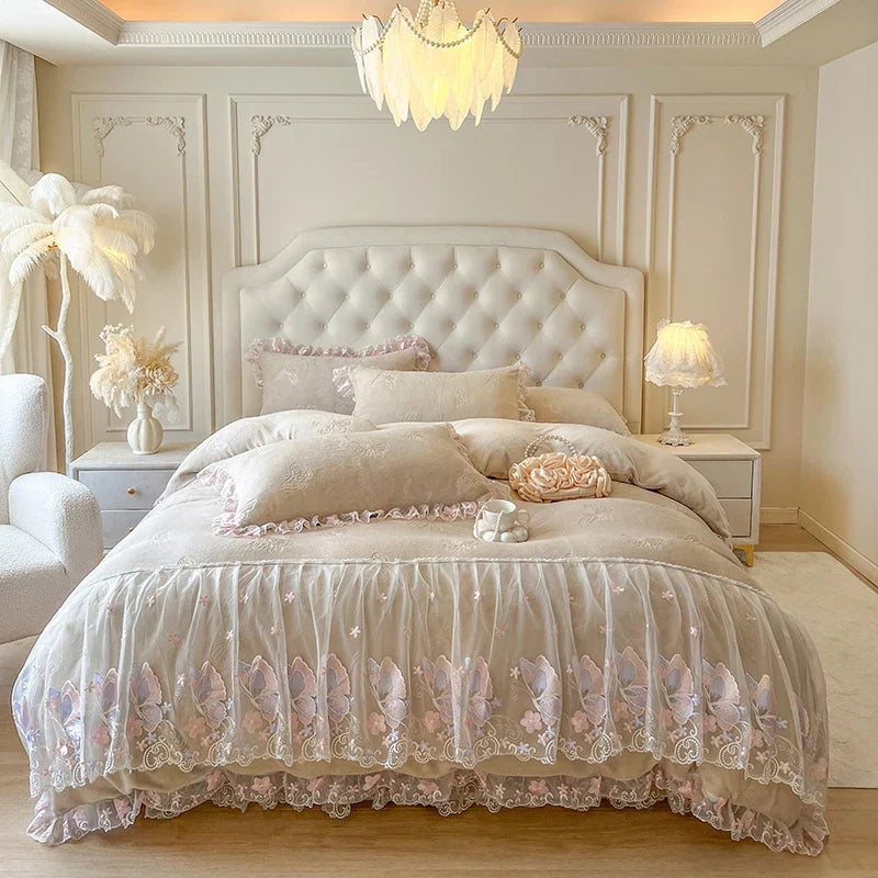 Butterfly Embroidery Lace Ruffles Carved Velvet Winter Thickened Bedding Set