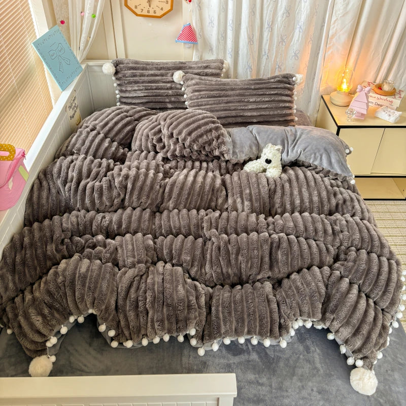 Striped Fluffy Milk Velvet Soft With Cute Pompoms Bedding Set