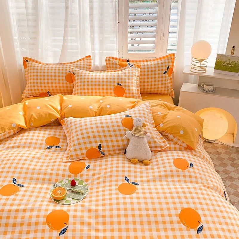 Ins Orange Checkerboard Duvet Cover Flat Sheet Pillowcases Twin Full Double Size Pink Blue Bedding Set