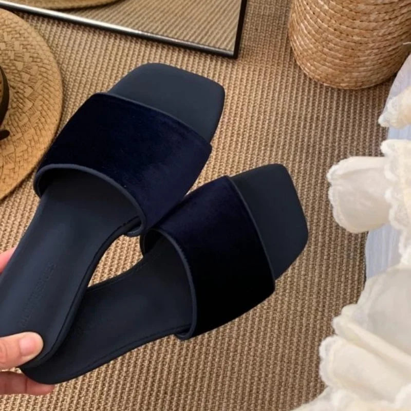 Vintage Velvet Square Toe Women Flats Slippers Concise Lightweight Slip On Slides Outdoor Daily Walking Vacation Dress Shoes