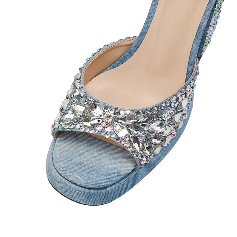 Open Toe Waterproof Platform Denim Water Diamond High Heel