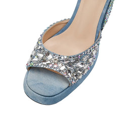 Open Toe Waterproof Platform Denim Water Diamond High Heel