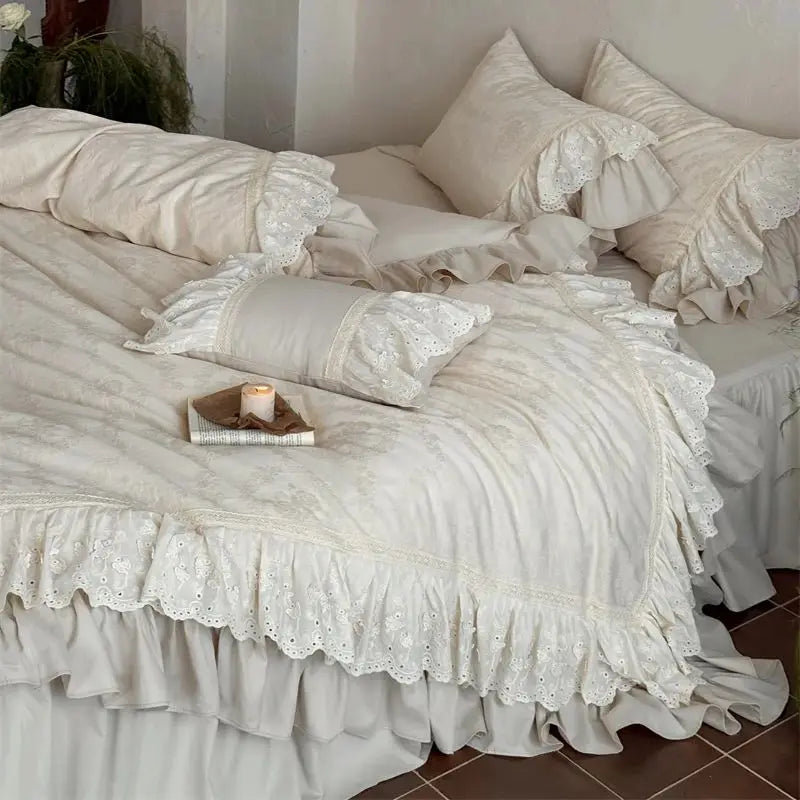 Vintage Jacquard Double Layer Butterfly Lace Ruffles Bedding Set
