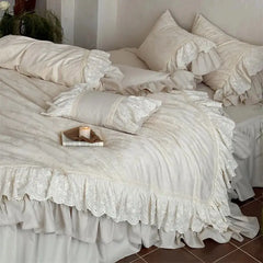 Vintage Jacquard Double Layer Butterfly Lace Ruffles Bedding Set