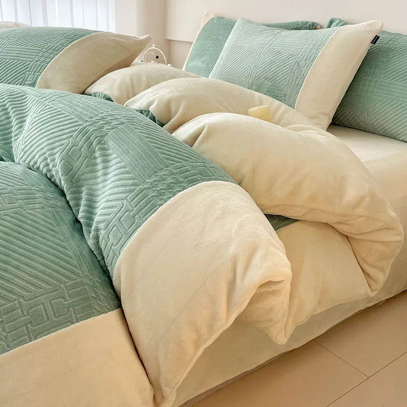 Winter Carved Milk Velvet Duvet Cover Set with Sheet and Pillowcase Thicken Bedding Set