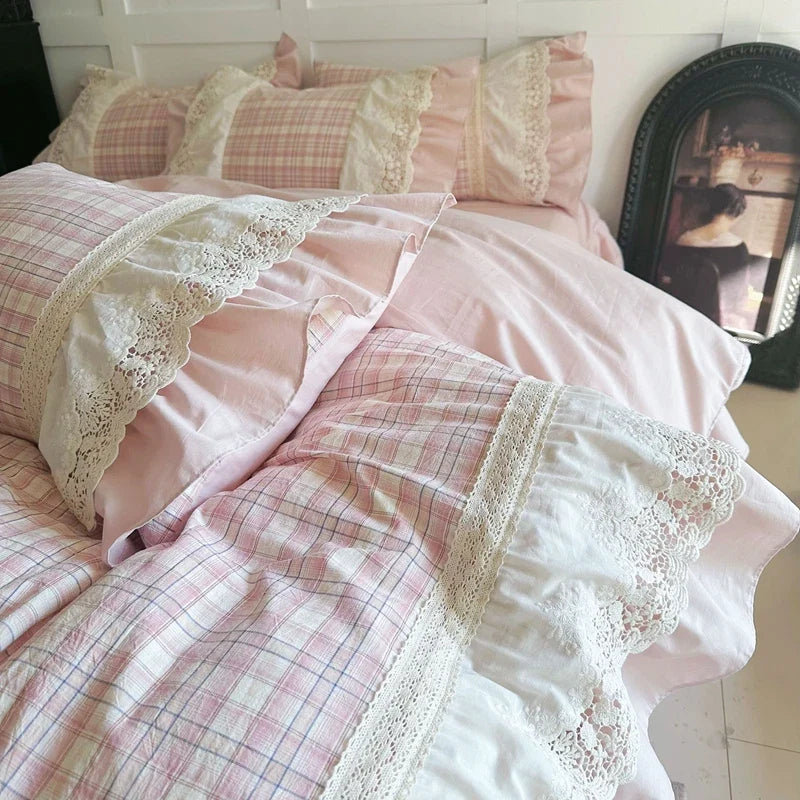Vintage French Plaid Lace Ruffles 100% Cotton Bedding Set