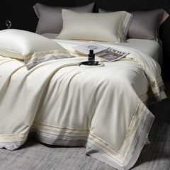 Luxury 600TC Long Staple Cotton Bedding Set, Cream White with Grey Embroidery Border, Soft Duvet Cover Flat Sheet Pillowcases