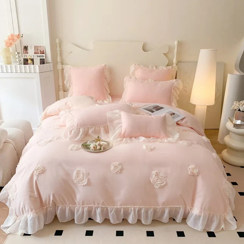4Pcs French Princess Style Three-Dimensional Rose Flowers White Ruffle 2-Person Cotton Bed Linen Four-Season Pink Bedding Set