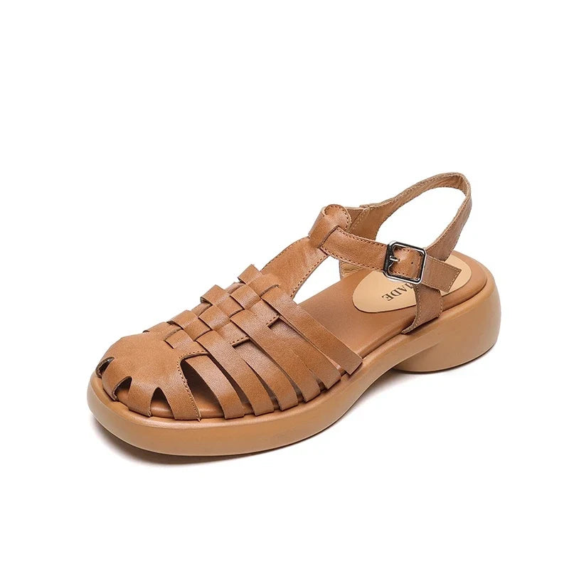 leather cowhide midsole elastic buckle thick sole hollow breathable toe Roman Shoes