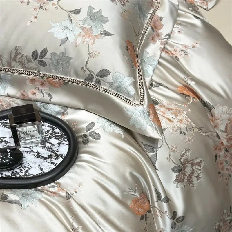 1000TC Egyptian Cotton Blooming Flower Satin Silky Brocade Jacquard Luxury Bedding Set