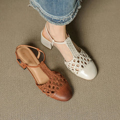 sheepskin woven hollow breathable retro high Heels