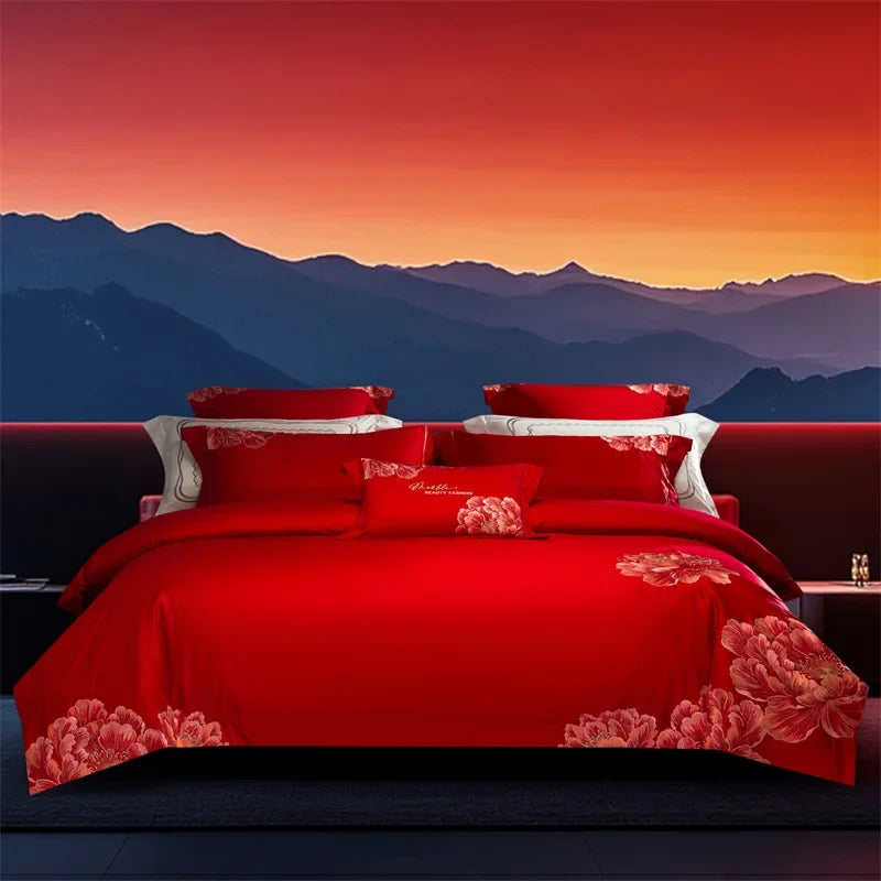 1000TC Egyptian Cotton Chinese Style Flowers Embroidery Luxury Bedding Set