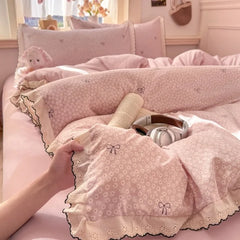 Korean Lace 4pcs Duvet Cover Set with Sheet and Pillowcases Floral Bedding Set