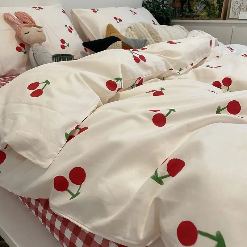 Red Cherry Duvet Cover Set No Filler Ins Style Korean Full Queen Size Girls Boys Flat Sheet Pillowcase Bedspread Set