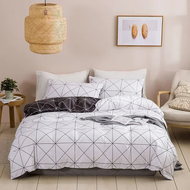Brushed Print Blue Golden Diamond Duvet Cover Set Geometric Pattern Bedding Set