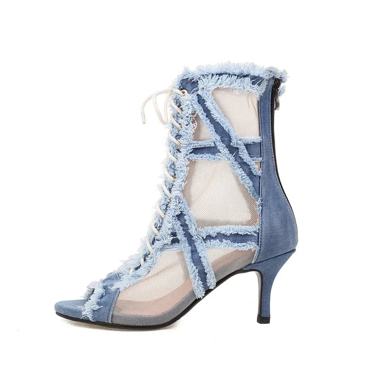 European and American Denim Mesh Lace Lace Lace High Heel
