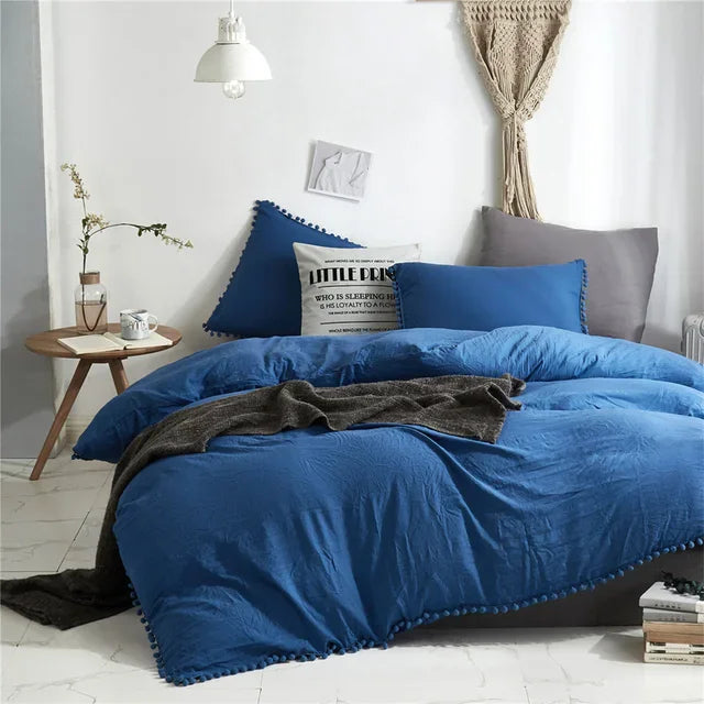 Twin Queen Size Solid Color Duvet Cover Set Pom Tassel Soft Microfiber Bedding Set