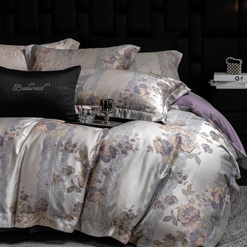 600TC Lyocell Cotton Flowers Jacquard Soft Silky Bedding Set