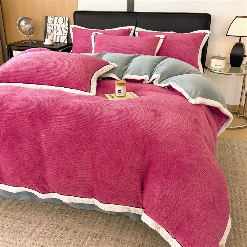 Winter Coral Velvet Duvet Cover Set with Bed Sheets and Pillowcase Warm Keep Skin Friendly Bedding Four Piece Set Quilt Cover
