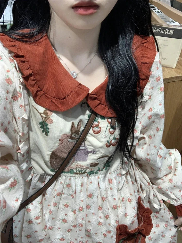 Rabbit's Strawberry Garden Cottagecore Goblincore Dress with Embroidery
