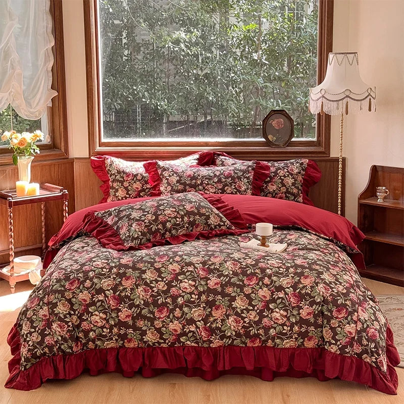 100% Cotton Vintage Rose Print Ruffles Bedding Set