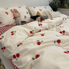 Red Cherry Duvet Cover Set No Filler Ins Style Korean Full Queen Size Girls Boys Flat Sheet Pillowcase Bedspread Set