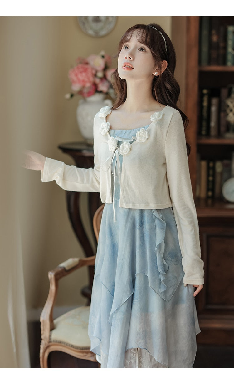 Blue Rose Layered Cottagecore Dress