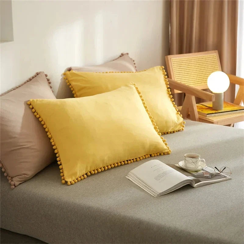 Twin Queen Size Solid Color Duvet Cover Set Pom Tassel Soft Microfiber Bedding Set