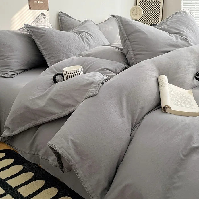 3 Pcs Simple Solid Color Quilt Cover Set with Pillowcases Stitching Design King Queen Size Bedding Set