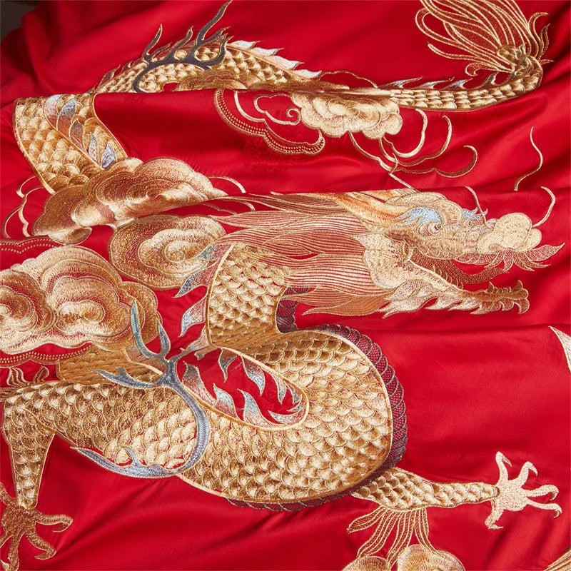 Chinese Style Wedding Gold Dragon Phoenix Embroidery Bedding Set