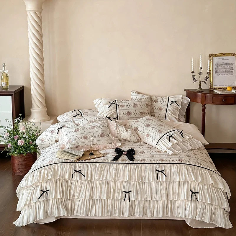 Vintage French Floral Three Layer Ruffles Bow Girl Bedding Set