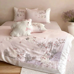 Pink Cute Rabbit Embroidery 600TC Lyocell Soft Silky Cooling Summer Bedding Set