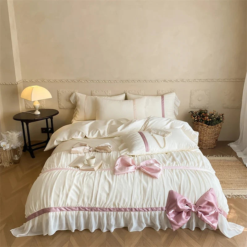 1000TC Egyptian Cotton French Princess Style Ruffles Lace Bow Bedding Set
