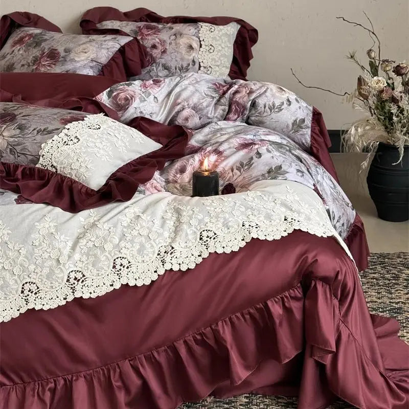 Vintage French-style Rose Print Lace Ruffle Bedding Set