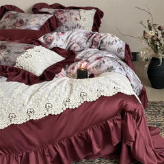 Vintage French-style Rose Print Lace Ruffle Bedding Set
