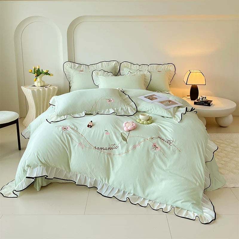 3/4Pcs Korean Princess Style Washed Cotton Three-Dimensional Flower Embroidery Lace Pink Beddings Sets Full Ruffle Duvet Cover