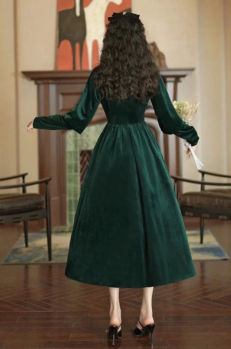 Imogen's Holiday Vintage-style Velvet Dress with Embroidery