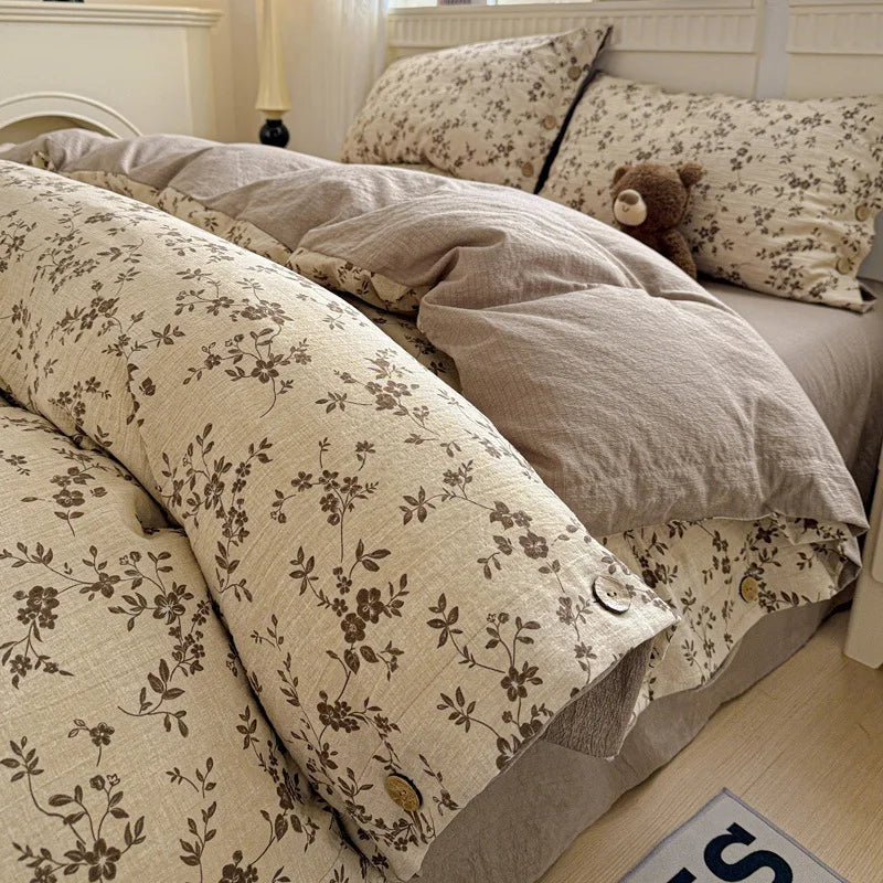 Korean Button Style Floral Print Bedding Set