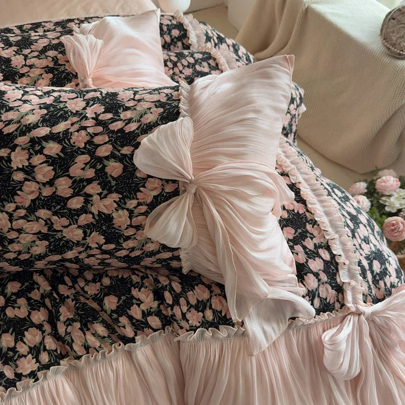 Vintage Floral Print Ruffles Bow Princess Bedding Set