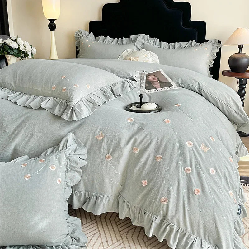 Chic Flowers Embroidery Ruffles Luxury Bedding Set