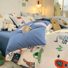 Cute Car Duvet Cover Set No Filler Kids Flat Sheet Pillowcase Ins Twin Queen Size Girls Boys Ins Warm Bedding Set
